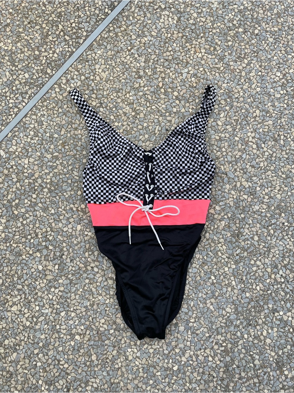 Mystic Black White Checkerboard One-Piece with Pink Band